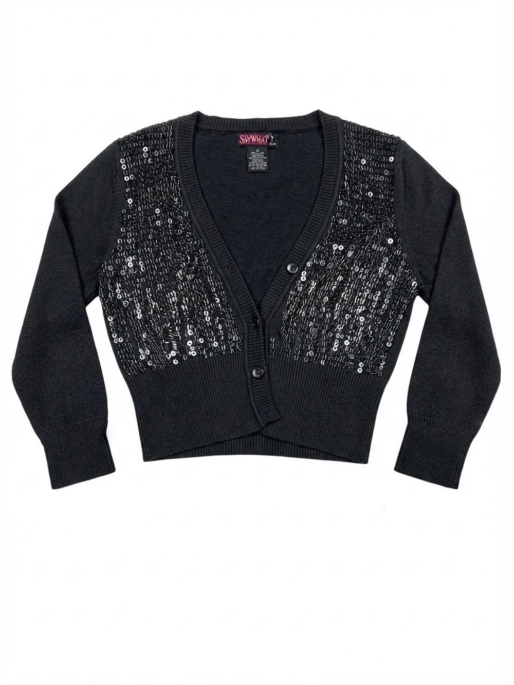 Say What? Black Sequin Embellished Button-Up Cardigan Sweater (Size M)